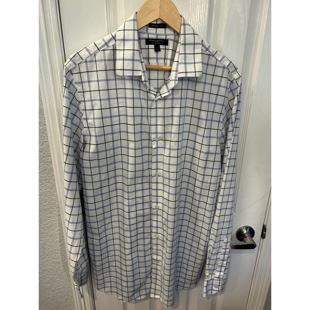 Banana Republic Dress Shirt White Blue Plaid Grant Fit Non-Iron Cotton Tall L
